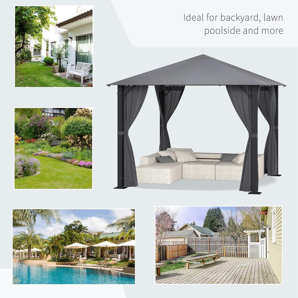 Outsunny 10' x 10' Patio Gazebo, Outdoor Gazebo Canopy Shelter with Netting & Curtains, Vented Roof, for Garden, Lawn, Backyard and Deck, Black