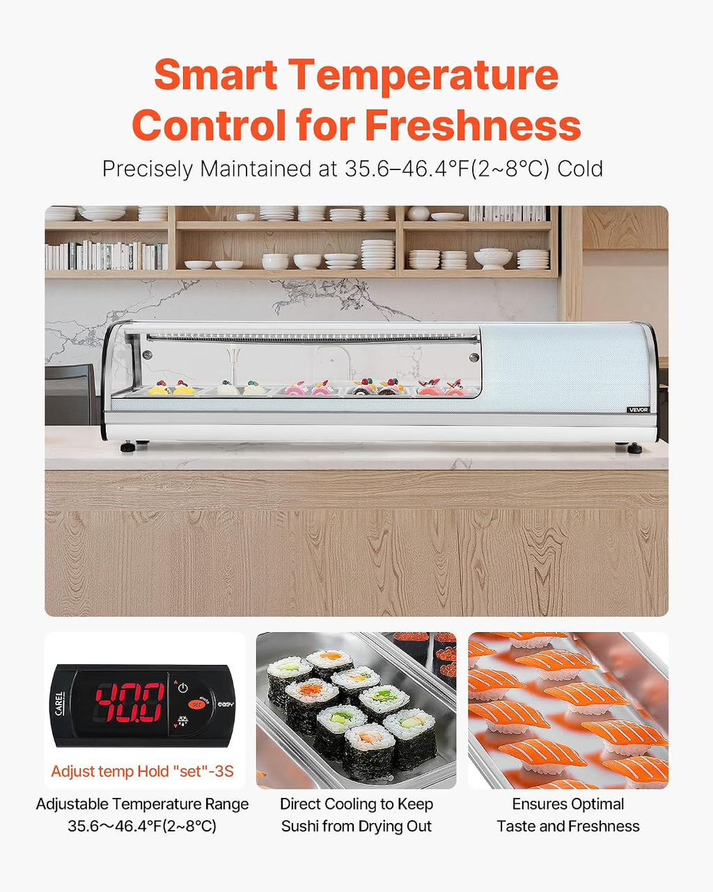 VEVOR Sushi Display Case Refrigerator, 1.8 Cu.ft Commercial Sushi Case, 5-Pan Countertop Showcase with Curved Glass, LED Lighting, and Digital Temperature Control, for Sushi-Bar, Restaurant, Store