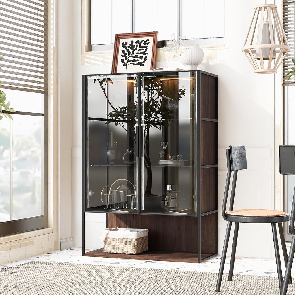 Glass Display Cabinet,51.2'' Tall Lighted with Tempered Glass Door, Metal Frame LED Curio Cabinet, Modern Minimalist Style, for Living Room, Office, Study, Black + Dark Walnut