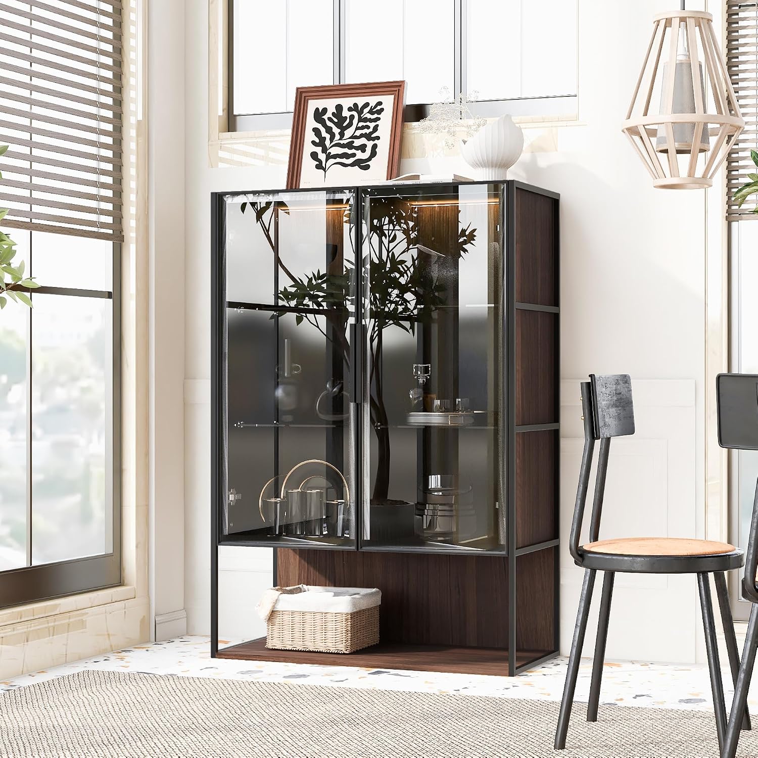 Glass Display Cabinet,51.2'' Tall Lighted with Tempered Glass Door, Metal Frame LED Curio Cabinet, Modern Minimalist Style, for Living Room, Office, Study, Black + Dark Walnut