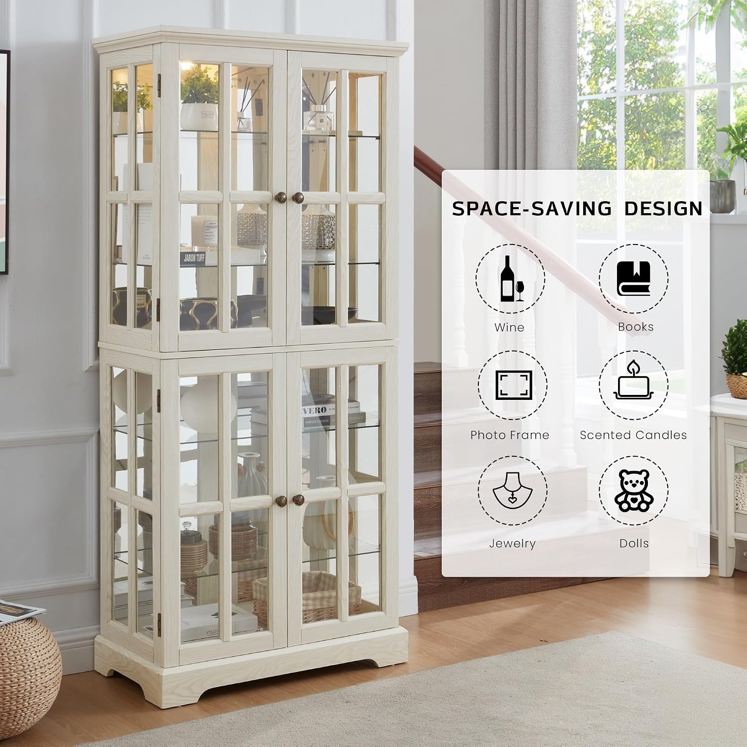 Glass Display Cabinet, 69' H Curio Cabinet with Adjustable Shelves and 4 Glass Doors, Light Bulb Included, Elegant Antique Showcase, Rack for Living Room/Home Office (White)