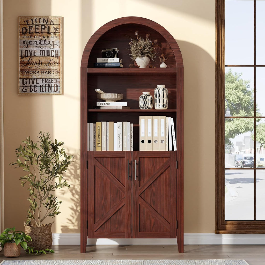 IDEALHOUSE Arched Kitchen Pantry Cabinet with Doors - 5-Tier Open Display Shelf with Nice Texture, Farmhouse Storage Cabinet for Kitchen, Dining Room, Living Room, Walnut