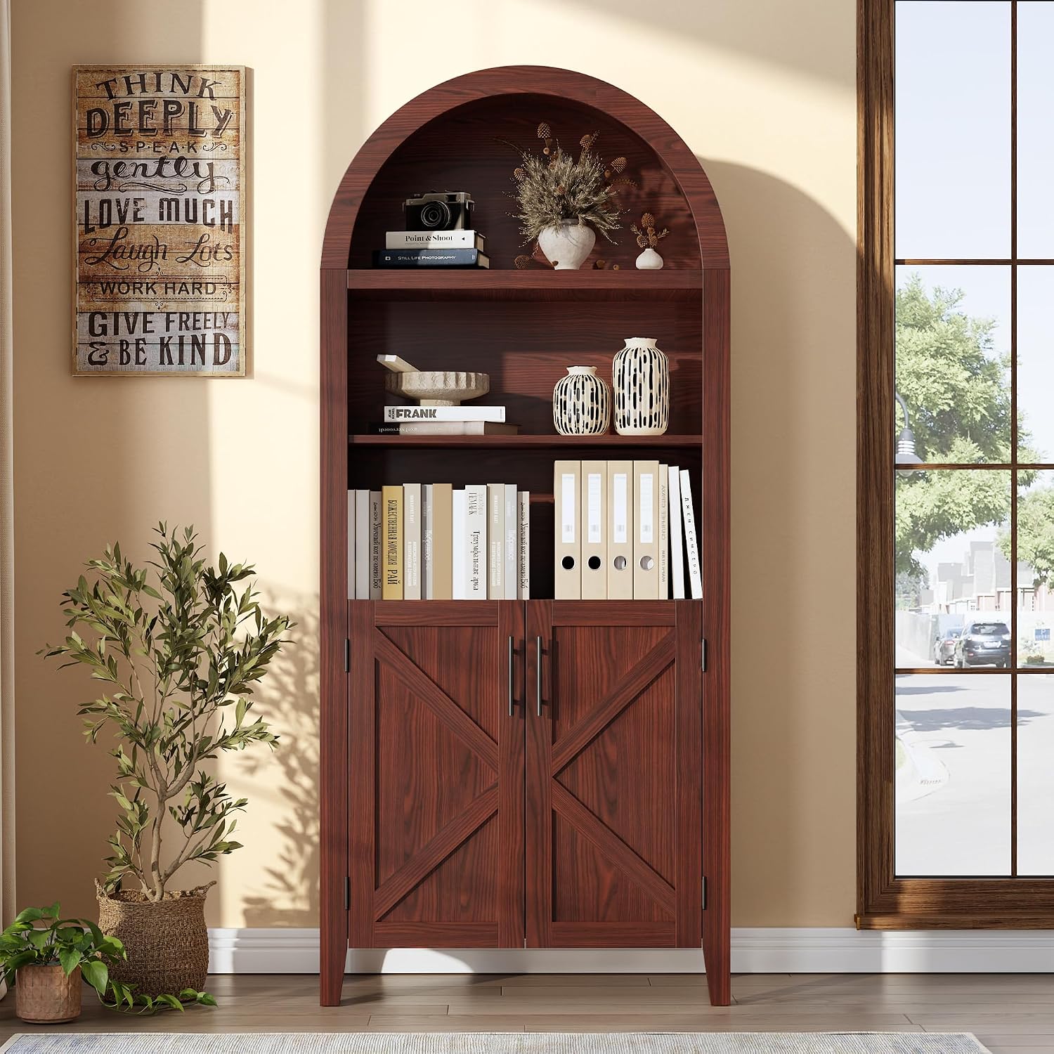 IDEALHOUSE Arched Kitchen Pantry Cabinet with Doors - 5-Tier Open Display Shelf with Nice Texture, Farmhouse Storage Cabinet for Kitchen, Dining Room, Living Room, Walnut