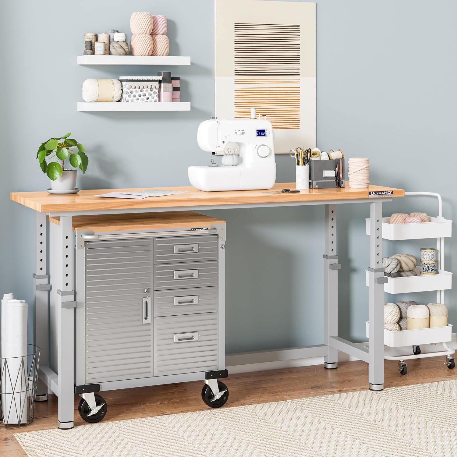 Seville Classics UltraHD Heavy Duty Rolling Cabinet Workbench Table w/Solid Wood Top, Workstation for Garage, Office, Workshop, Granite, 1-Door, 4-Drawer (28' W x 25' D)