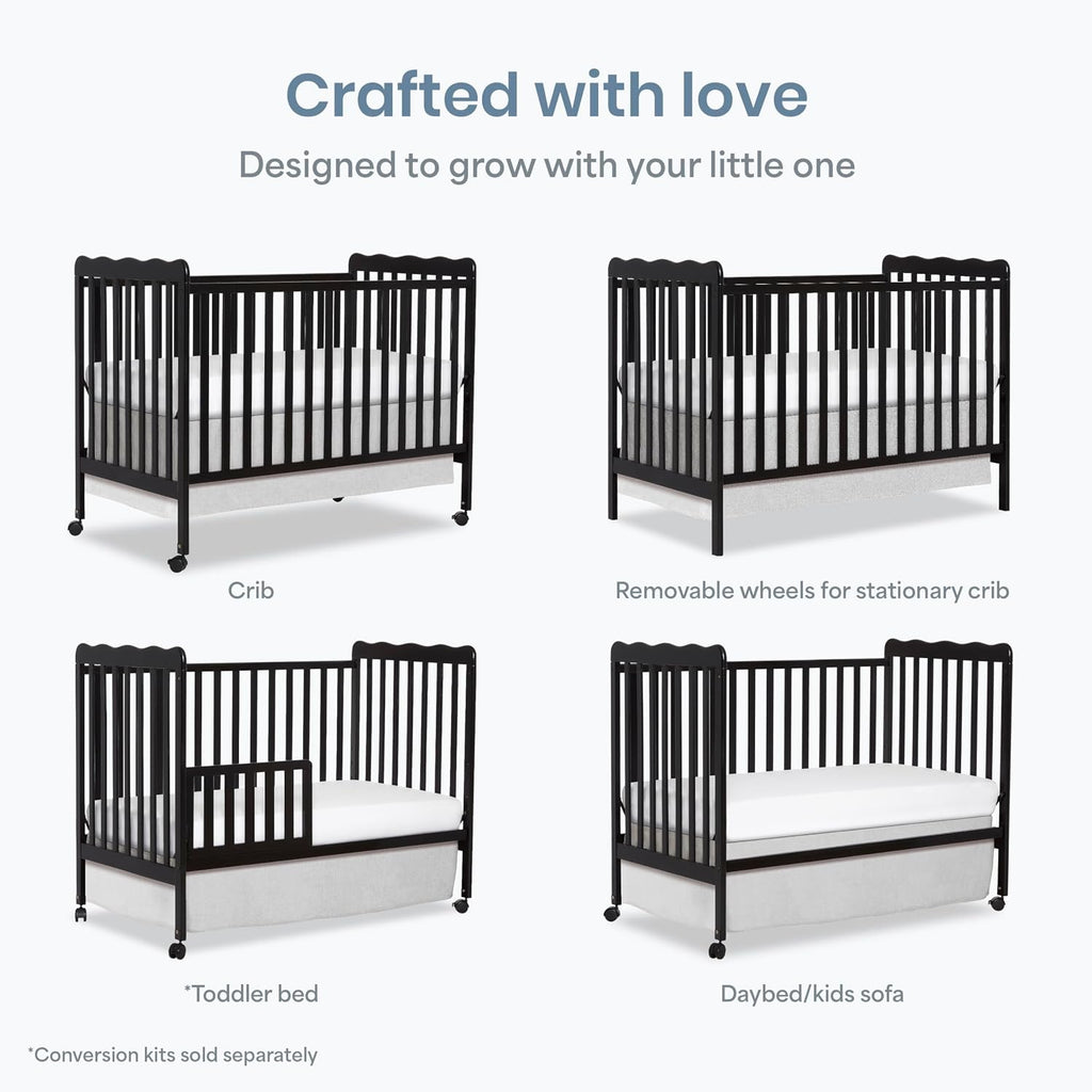 Dream On Me Carson Classic 3-in-1 Convertible Full-Size Baby Crib in Black, GreenGuard Gold & BSA, 4 Mattress Heights, Converts to Day & Toddler Bed, Locking Wheels, Classic Nursery Design