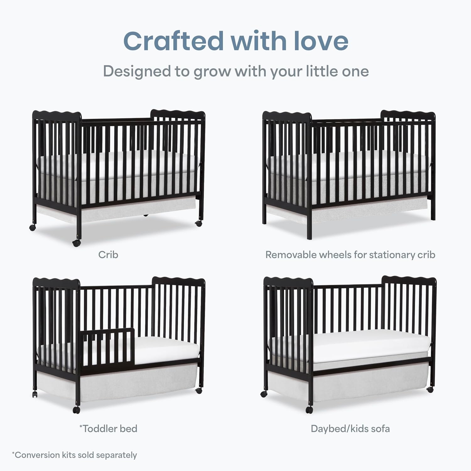 Dream On Me Carson Classic 3-in-1 Convertible Full-Size Baby Crib in Black, GreenGuard Gold & BSA, 4 Mattress Heights, Converts to Day & Toddler Bed, Locking Wheels, Classic Nursery Design
