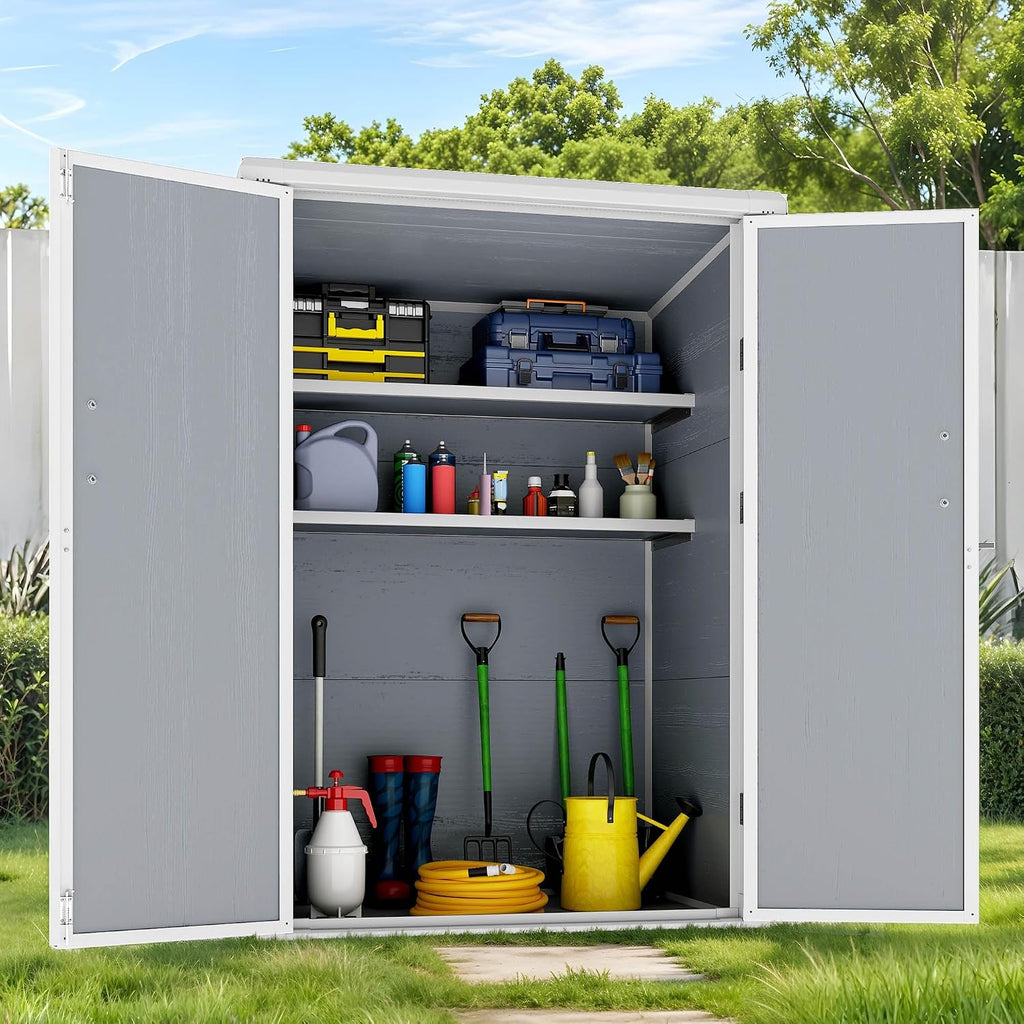 GOOBED Outdoor Storage Shed with 2 Adjustable Shelves, 49 Cu Ft Waterproof Vertical Garden Tool Shed with Lockable Door, Plastic Tall Tool Cabinet for Backyard Garden Patio Lawn, Gray