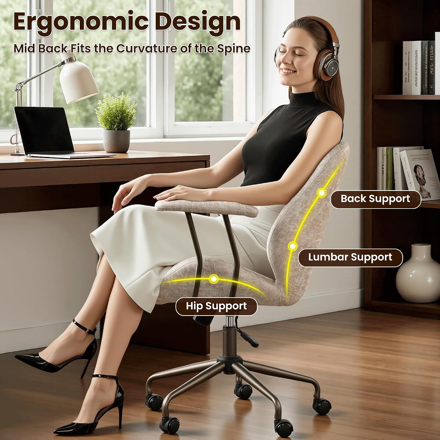 ovios Ergonomic Office Chair, Mid Back Faux Leather Executive Chairs with Armrests, Comfy Mid-Century Modern Swivel Rolling Computer Armchair (Beige, Suede Leather)