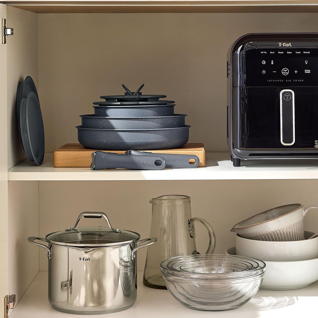 T-fal Ingenio Essentials Cookware Set with Detachable/Removable Handle 11 Piece, Granite Titanium Non Stick, Oven Broiler Safe 500F, Stackable, Pots and Pans Set, Frying Pans, Dishwasher Safe, Gray