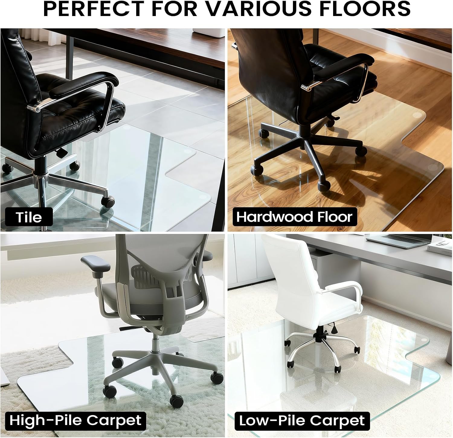 Tempered Glass Chair Mat with Lip, 53' x 45' Heavy-Duty Office Floor Protector for Under-Desk Reach, for Carpet & Hardwood, 1/5' Thick