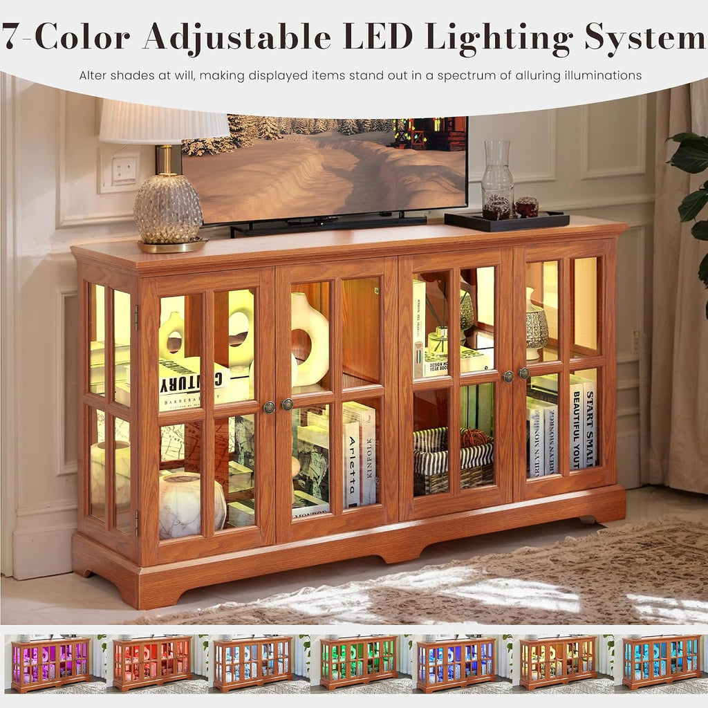 59' W LED Curio Cabinet with 7 Color Lights, Vintage Glass Display Case with Glass Doors, Smartphone-Controlled, Short Wooden China Cabinet with Adjustable Shelves for Living Room, Entryway (Dark Oak)