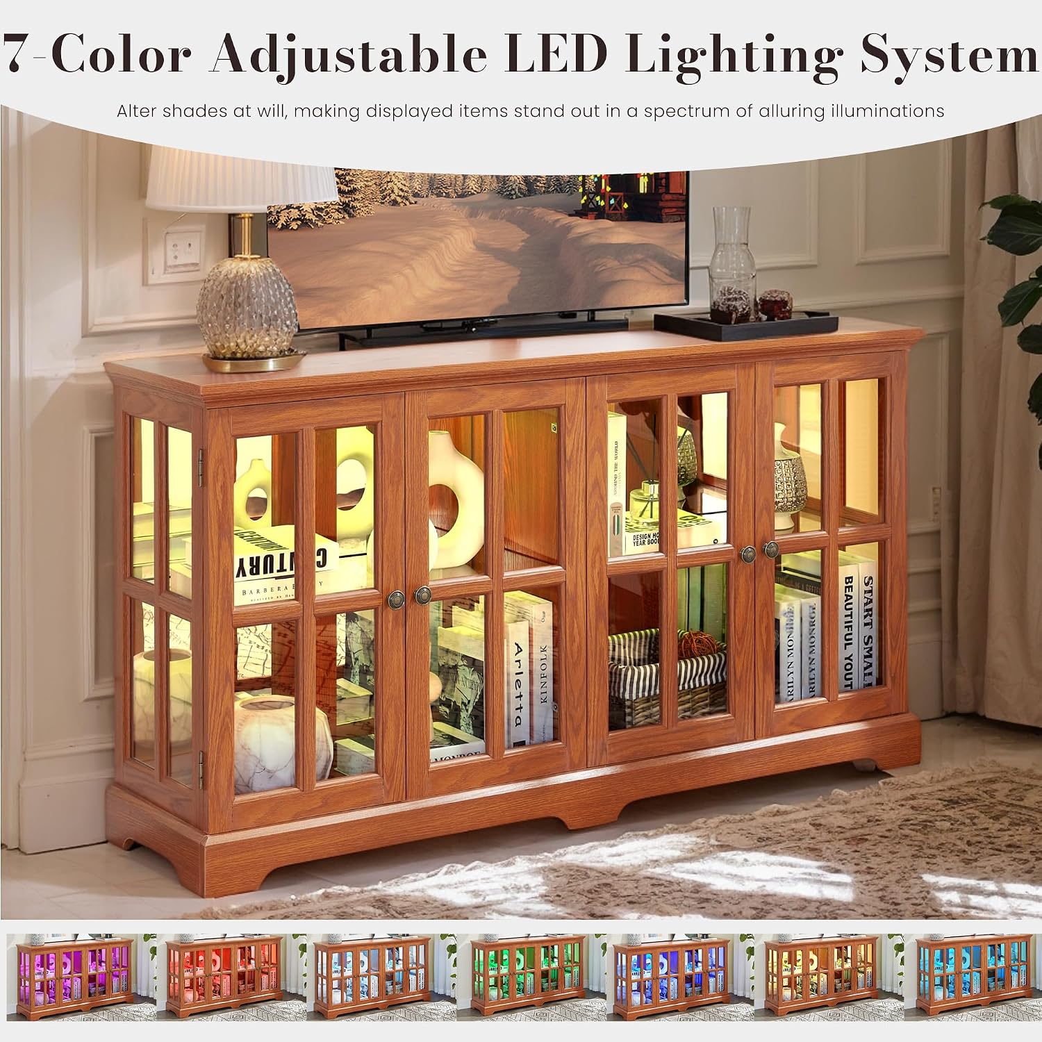59' W LED Curio Cabinet with 7 Color Lights, Vintage Glass Display Case with Glass Doors, Smartphone-Controlled, Short Wooden China Cabinet with Adjustable Shelves for Living Room, Entryway (Dark Oak)