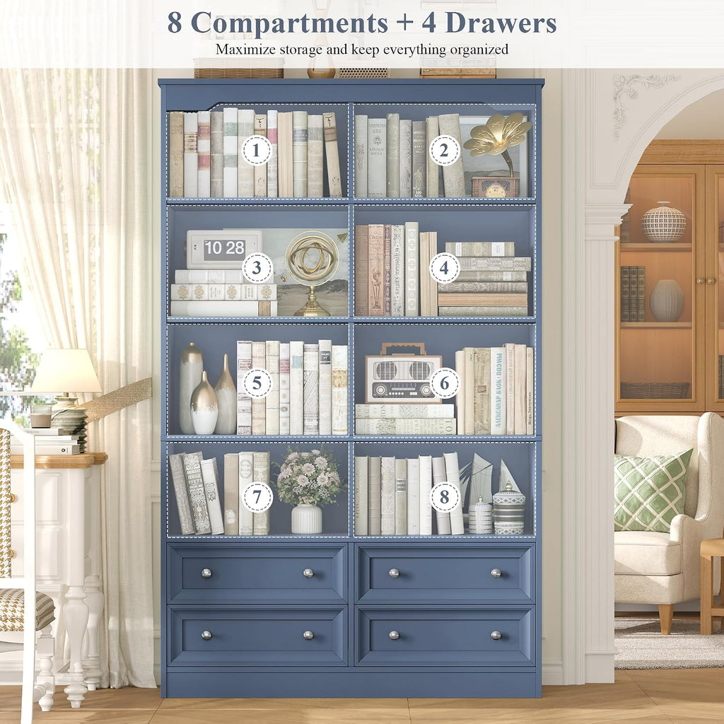 FINETONES 71' Tall Bookshelf with 4 Drawers, 6-Tier Double Wide Bookshelves and Bookcases with Storage, Blue Bookshelf Large Open Bookshelves Standing Book Cabinet for Home Office