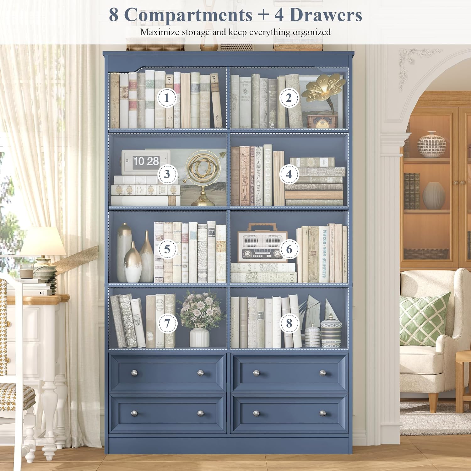 FINETONES 71' Tall Bookshelf with 4 Drawers, 6-Tier Double Wide Bookshelves and Bookcases with Storage, Blue Bookshelf Large Open Bookshelves Standing Book Cabinet for Home Office