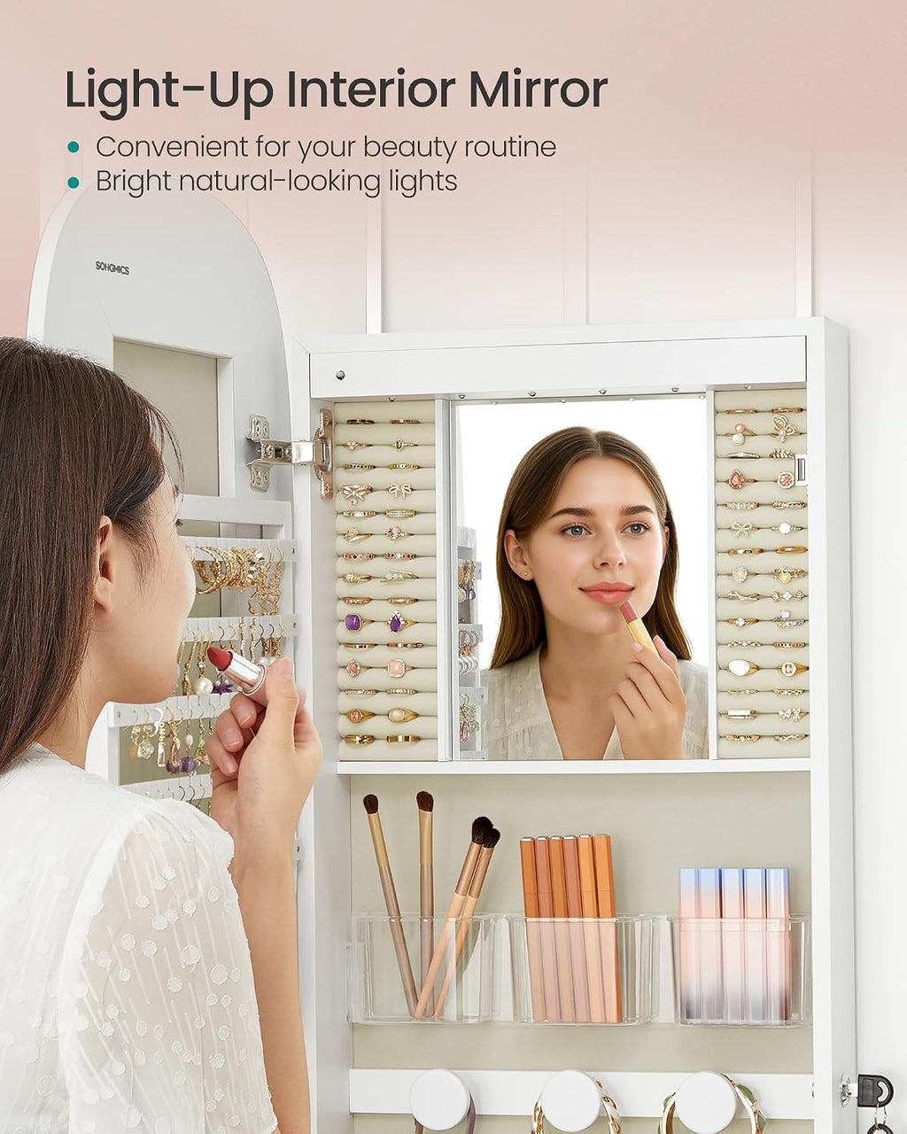 SONGMICS Jewelry Organizer, LED Jewelry Cabinet Wall/Door Mounted, Lockable Rounded Wide Mirror with Storage, Interior Mirror, 3.9 x 16.5 x 55 Inches, White Surface with Greige Lining