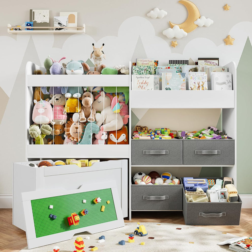 51.1' W Large Toy Storage Organizer with Stuffed Animal Storage, Kids Bookshelf with 4 Removable Toy Bins, Movable Toy Box with Buildable Baseplate Lid for Lego Bricks, Ideal for Kids Room Playroom