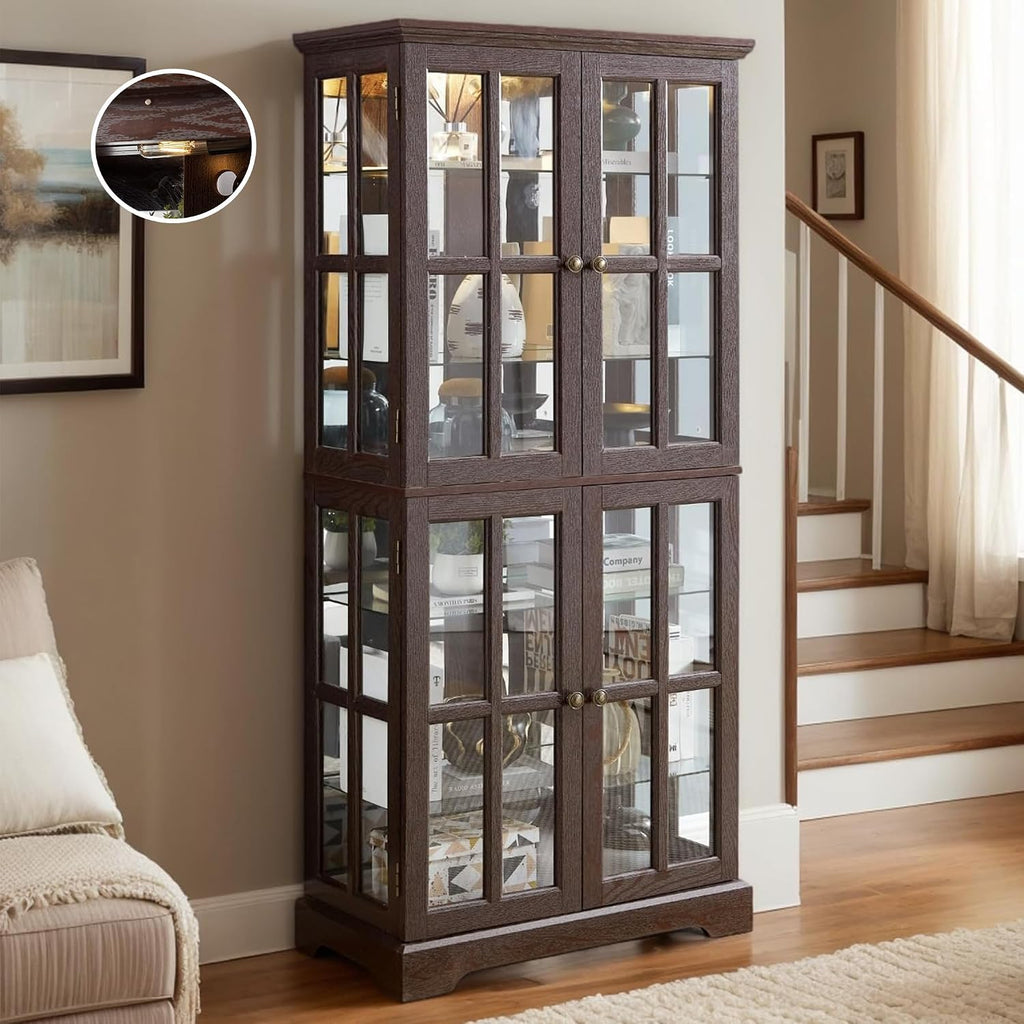 Glass Display Cabinet, 69' H Curio Cabinet with Adjustable Shelves and 4 Glass Doors, Light Bulb Included, Elegant Antique Showcase, Rack for Living Room/Home Office (Dark Cherry)