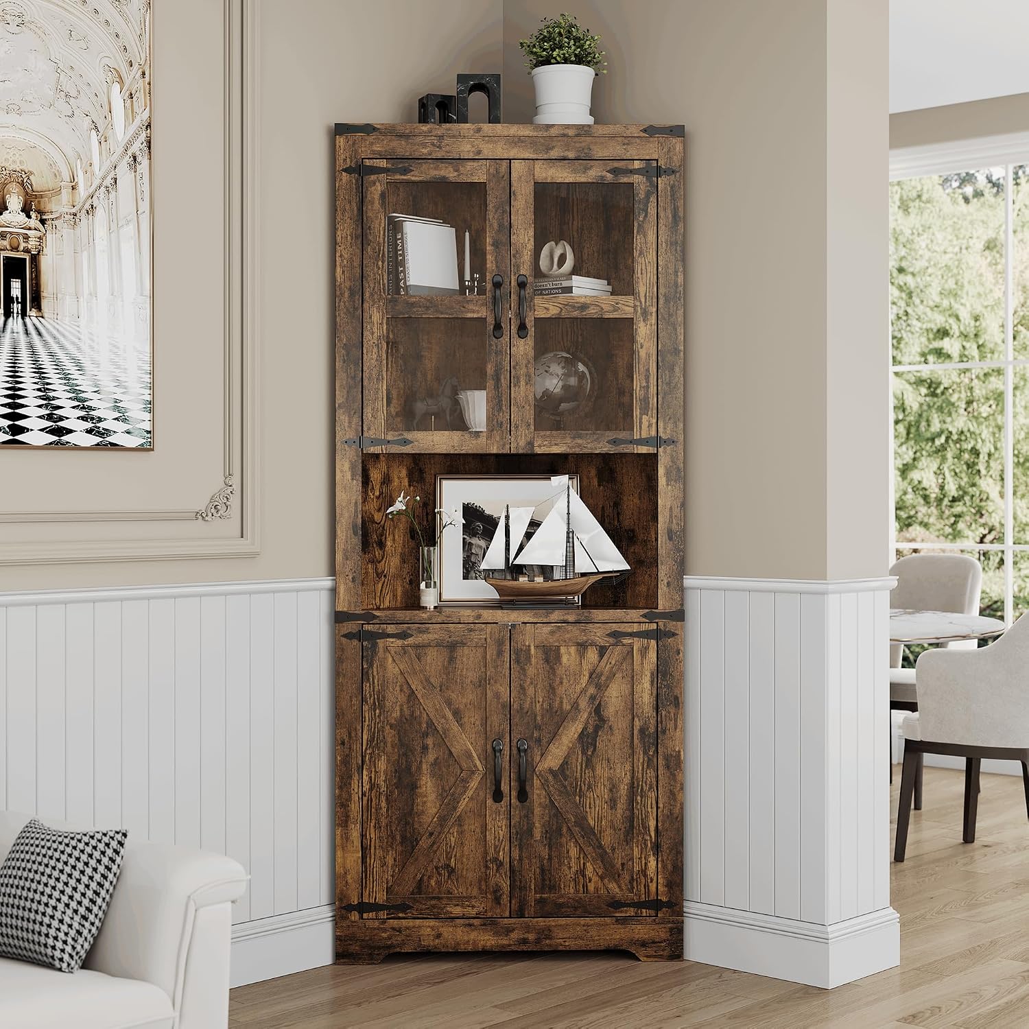 GarveeHome 67 in Tall Corner Storage Cabinet with Lights, Farmhouse Corner Hutch Display Cabinet with Glass Doors, Wooden Storage Organizer for Kitchen, Living Room, Bathroom, Brown