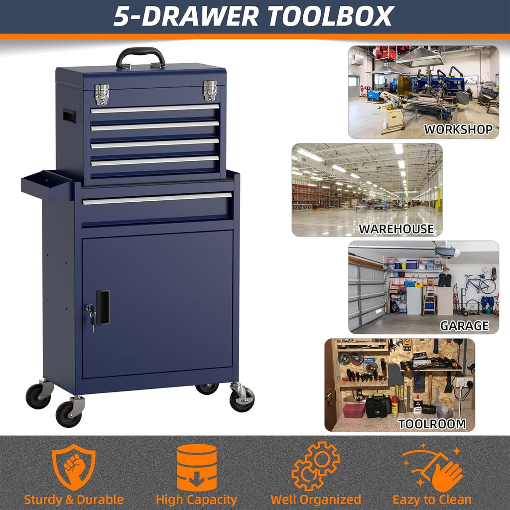 5-Drawer High Capacity Rolling Tool Box, Removable Cabinet Storage Tool Chest with Wheels and Drawers, Detachable Toolbox with Lock for Mechanics Garage Workshop and Tool Room (Blue)