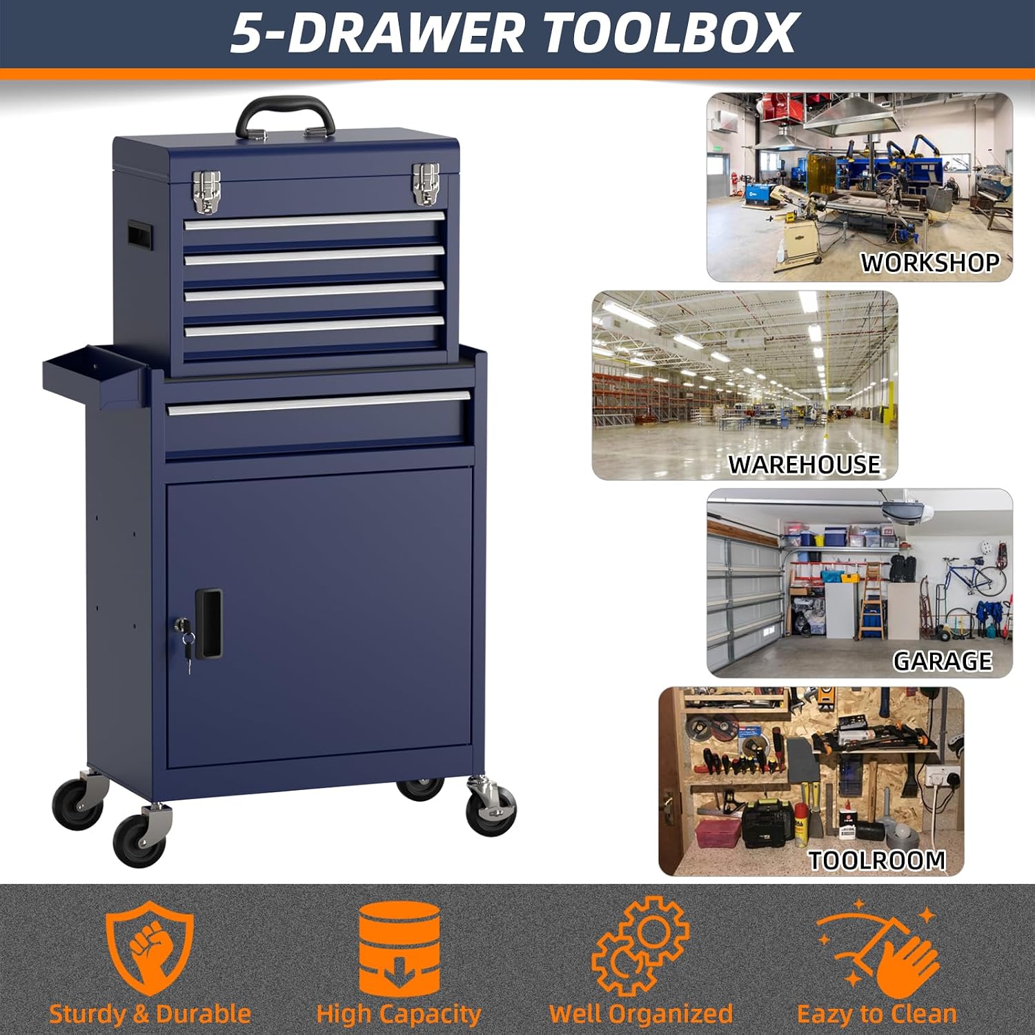 5-Drawer High Capacity Rolling Tool Box, Removable Cabinet Storage Tool Chest with Wheels and Drawers, Detachable Toolbox with Lock for Mechanics Garage Workshop and Tool Room (Blue)