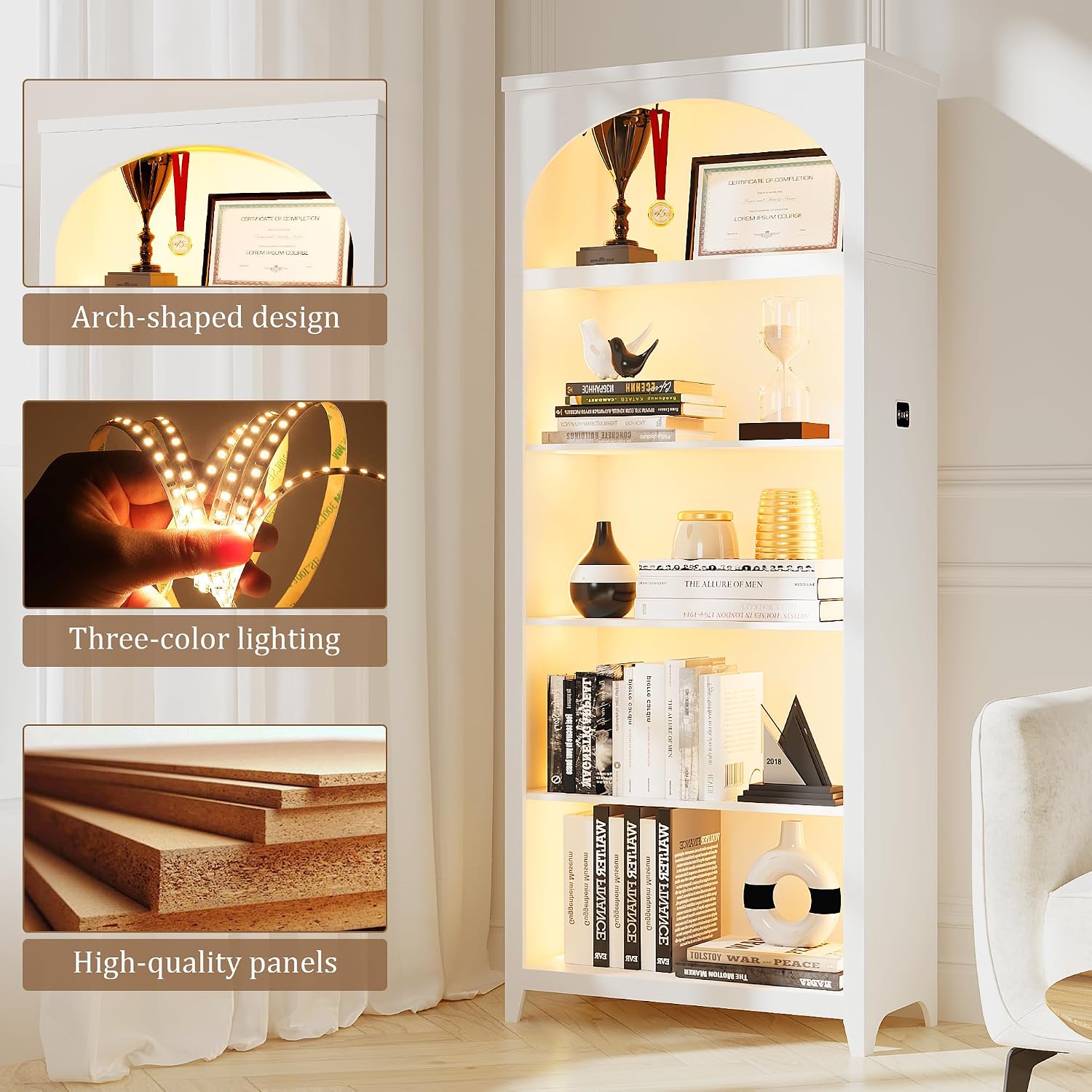 70' Tall Bookshelf with LED Lights, 5-Tier Modern Farmhouse Wood Bookcase with Arched Design, Sturdy Standing Shelf for Living Room, Bedroom, Office Library, White
