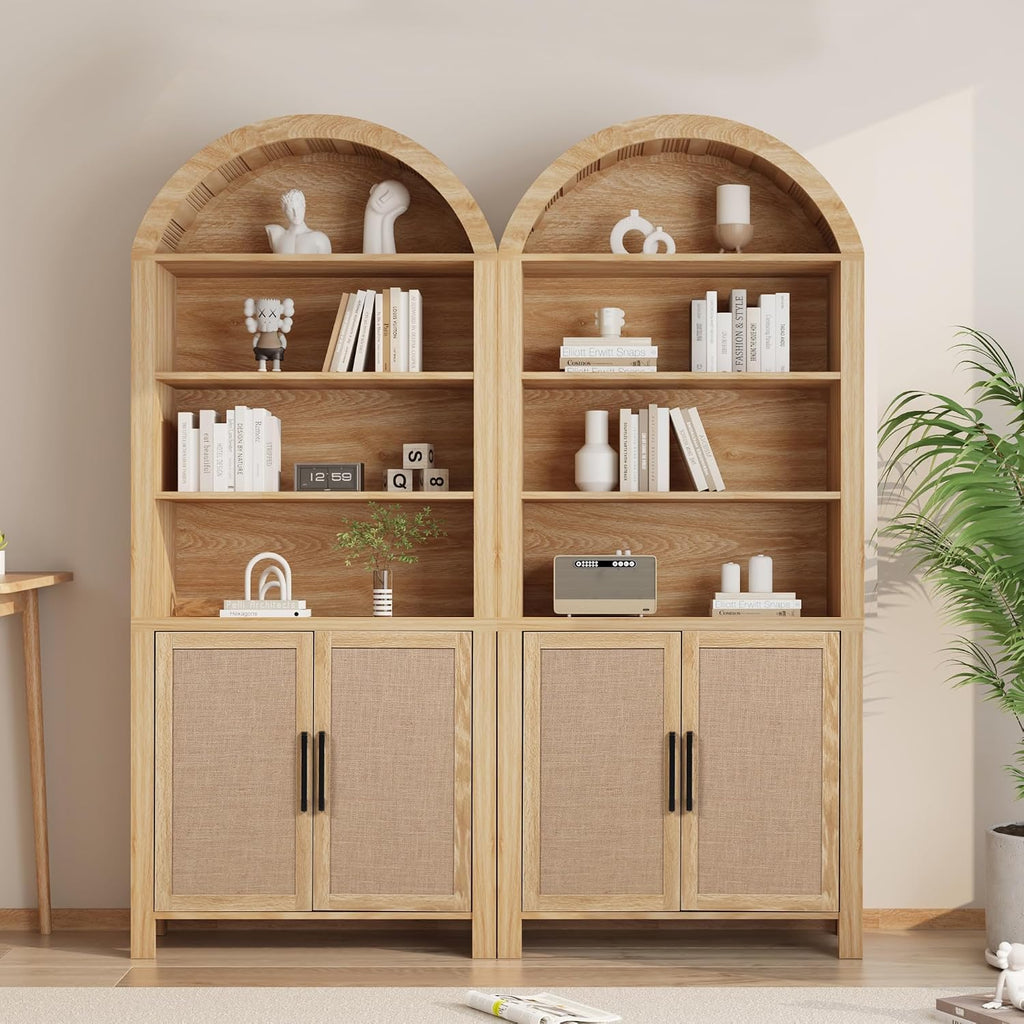 Janmer Home 71' Tall Arched Bookcase with Storage, Mid-Century Modern 6-Tier Curved Cabinet with Door, Arched Bookshelf Cabinet with Open Display Storage Shelf for Office Living Room (Natural)