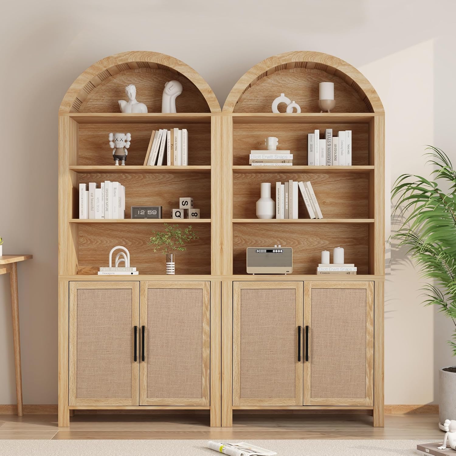 Janmer Home 71' Tall Arched Bookcase with Storage, Mid-Century Modern 6-Tier Curved Cabinet with Door, Arched Bookshelf Cabinet with Open Display Storage Shelf for Office Living Room (Natural)