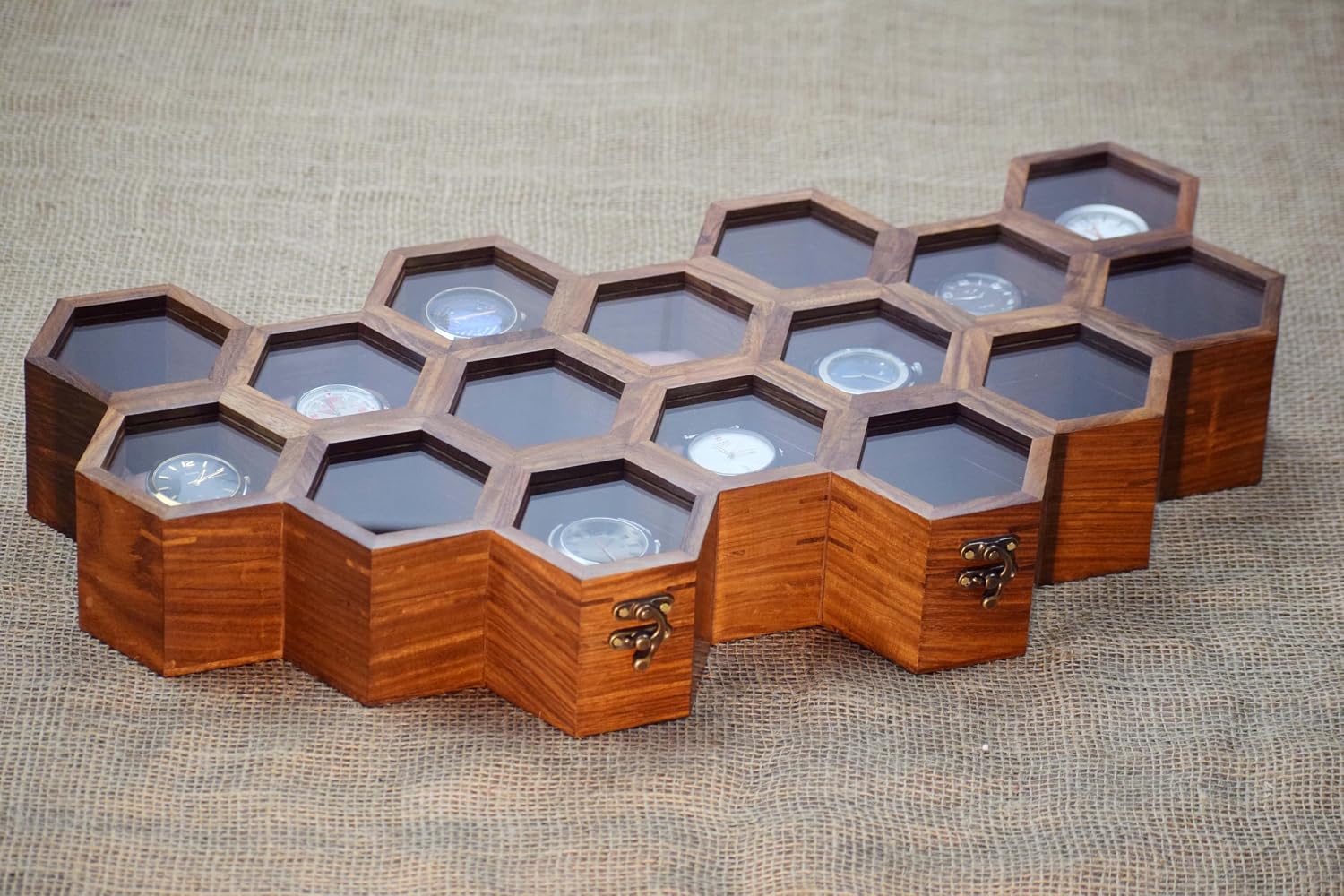 Royal Craft Expertise Dark Rosewood Honeycomb Watch Box - Sixteen Slot Display Case, Wooden Organizer for Men