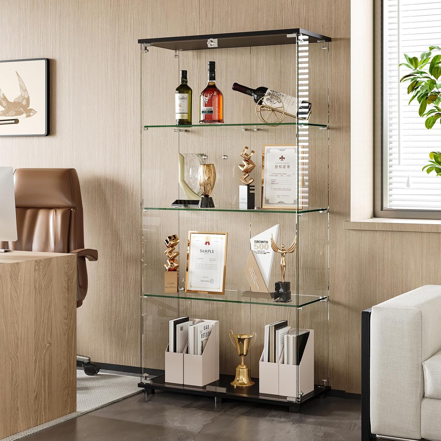 Ball & Cast Glass Display Cabinet with Double Door and Lock,4 Tier Curio Cabinet 5mm Tempered Glass Floor Standing Bookshelf for Living Room,Office,Easy Assembly,Black