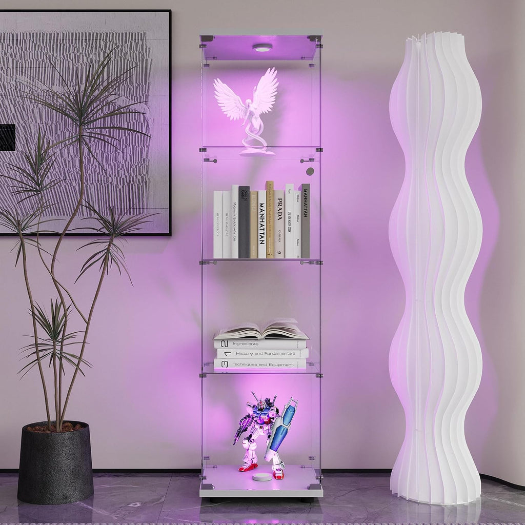 64.69' Tall Tempered Glass Display Cabinet with LED Lights, Curio Cabinet with 4 Shelves with 1 Door, Quick-Install Style Floor Standing Bookshelf File Cabinet for Living Room Office