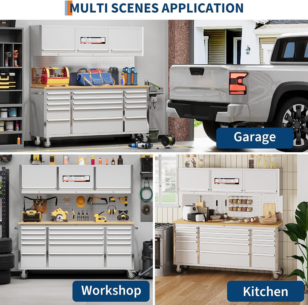 72' Rolling Tool Chest with 15 Drawers, Solid Rubber Wood Workbench Top, Locking Wheels & Key Lock, Mobile Garage Tool Cabinet for Workshop Storage and Organization, Silver