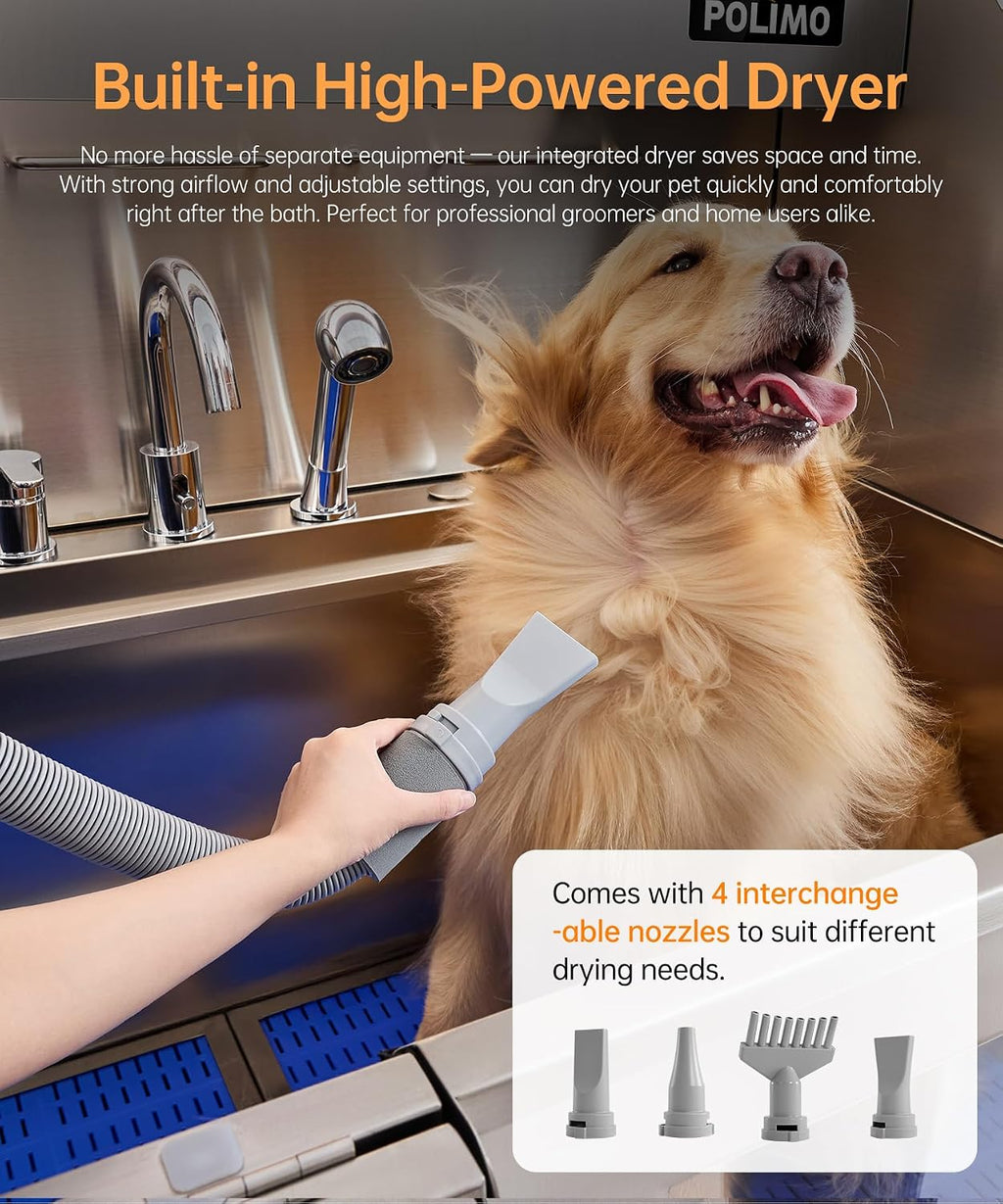 POLIMO Dog Washing Station with Built-in Pet Dryer and LED Display 50' (Left Ramp), 304 Stainless Steel Dog Bathtub for Large Medium Small Dogs, Wash and Dry Grooming Tub with Faucet, Storage Drawer