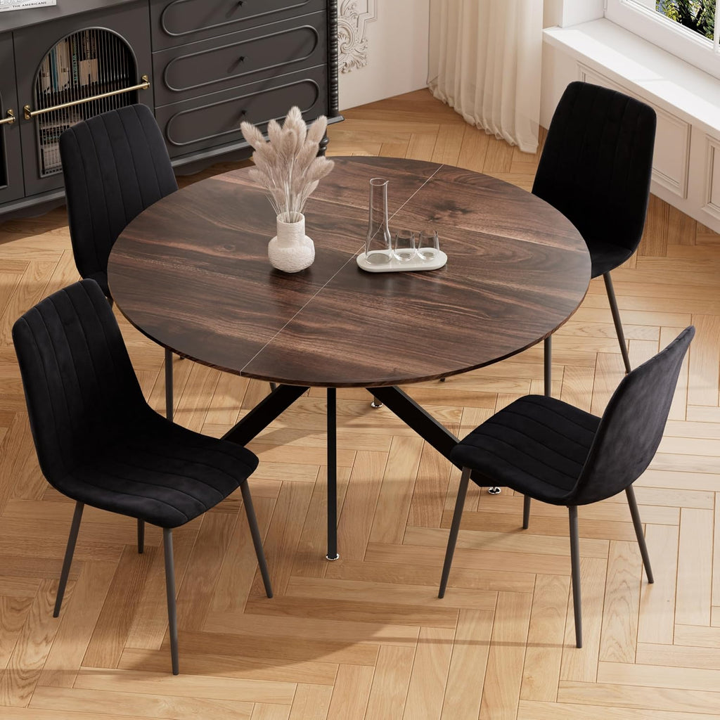 RGZ 47' Round Table Set for 4, 5 PCS Modern Wooden Circle Dining Table for 2-4, Walnut Round Dining Table with Steel Legs & 4 Black Velvet Upholstered Chairs for Dining Room, Living Room, Kitchen