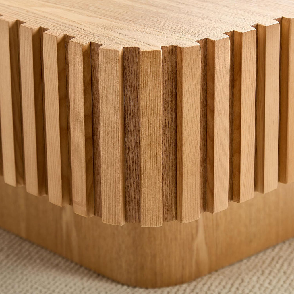 31.49'' Square Coffee Table Set of 2 for Living Room, Modern Wood Drum Pedestal Flute Embossment Coffee Table, Easy Assembly (Natural, 2-Pcs)