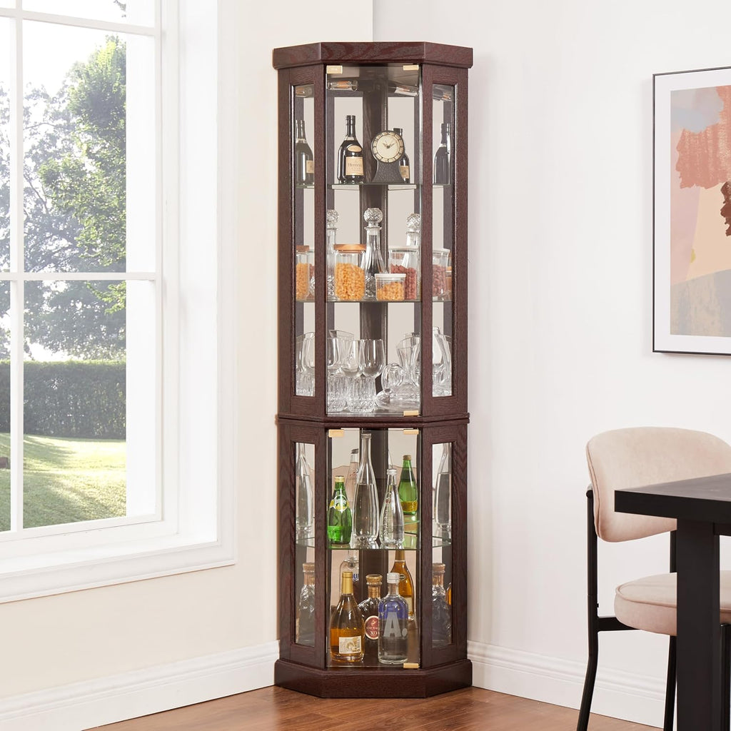 JT Corner Glass Cabinet Lighted Curio Cabinet Corner Display Case for Living Room, Curio, Antique Collection, Wine,Bar Glass Storage Light Included (Cherry)
