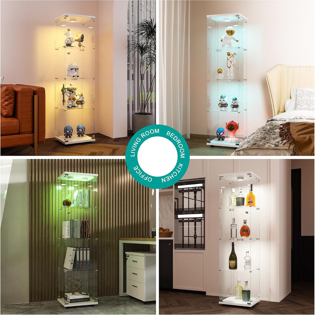 FANYUSHOW Display Cabinet with Glass Door and LED Light, 4-Tier Tempered Glass Display Shelf, Glass Curio Cabinet Collection Display Case, Display Case Cabinet, White 64.7' H x 16.7' L x 14.37' W