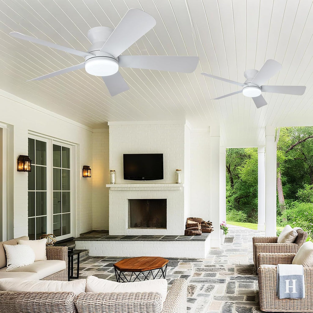 Depuley 42-Inch Ceiling Fans with Lights: Indoor/Outdoor Flush Mount Ceiling Fan with Remote Control - White 5 Blade Low Profile Fandelier for Kitchen Gazebo - Reversible Quiet Timer - 2 Packs