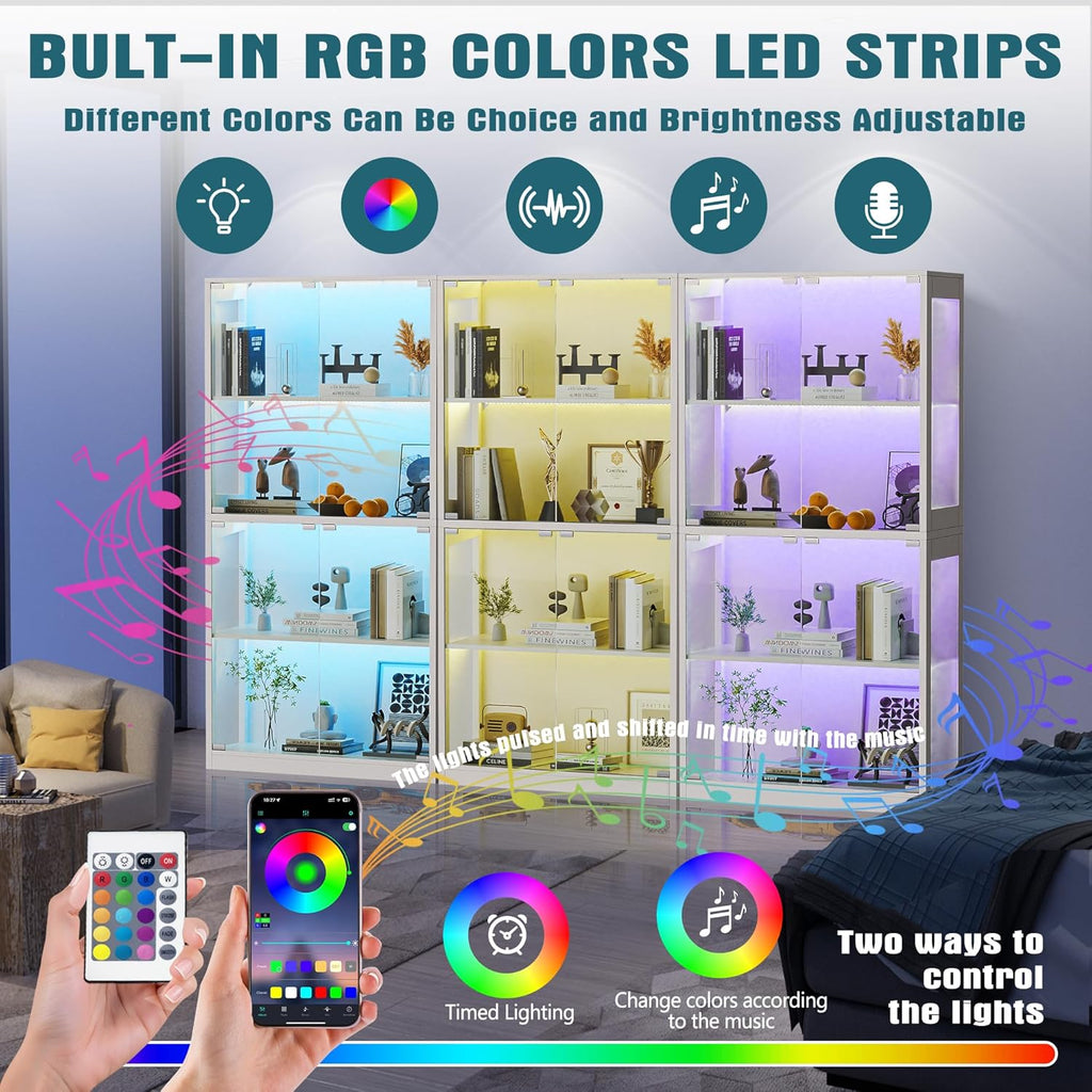 Grepatio Glass Display Cabinet, 4-Tier Display Cases for Collectibles, Curio Cabinet with 12 Color Lights, Display Shelf Bookcase Kids Toy Cabinets for Collectible, Living Room, Playroom (White)