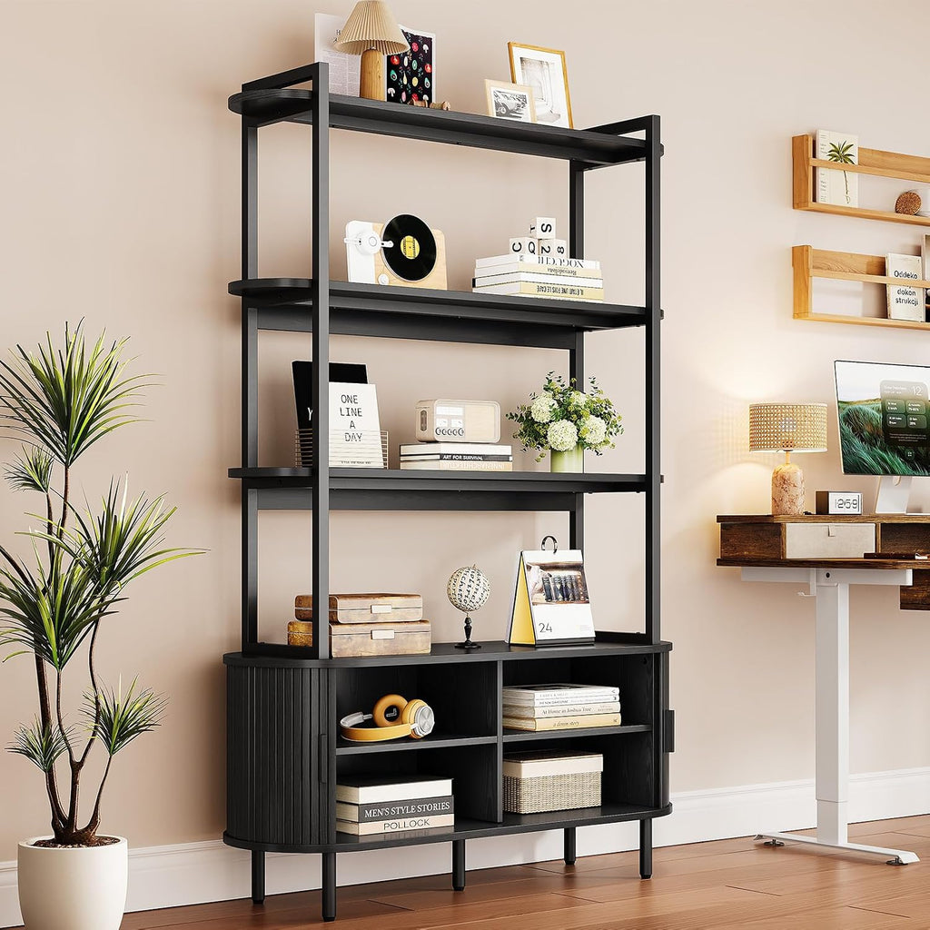 5 Tier Bookshelf with Fluted Cabinet, Tall Bookcase with Sliding Door, Metal and Wood Display Shelf, Free Standing Storage Shelving Unit, Corner Storage Organizer for Living Room, Home Office, Black