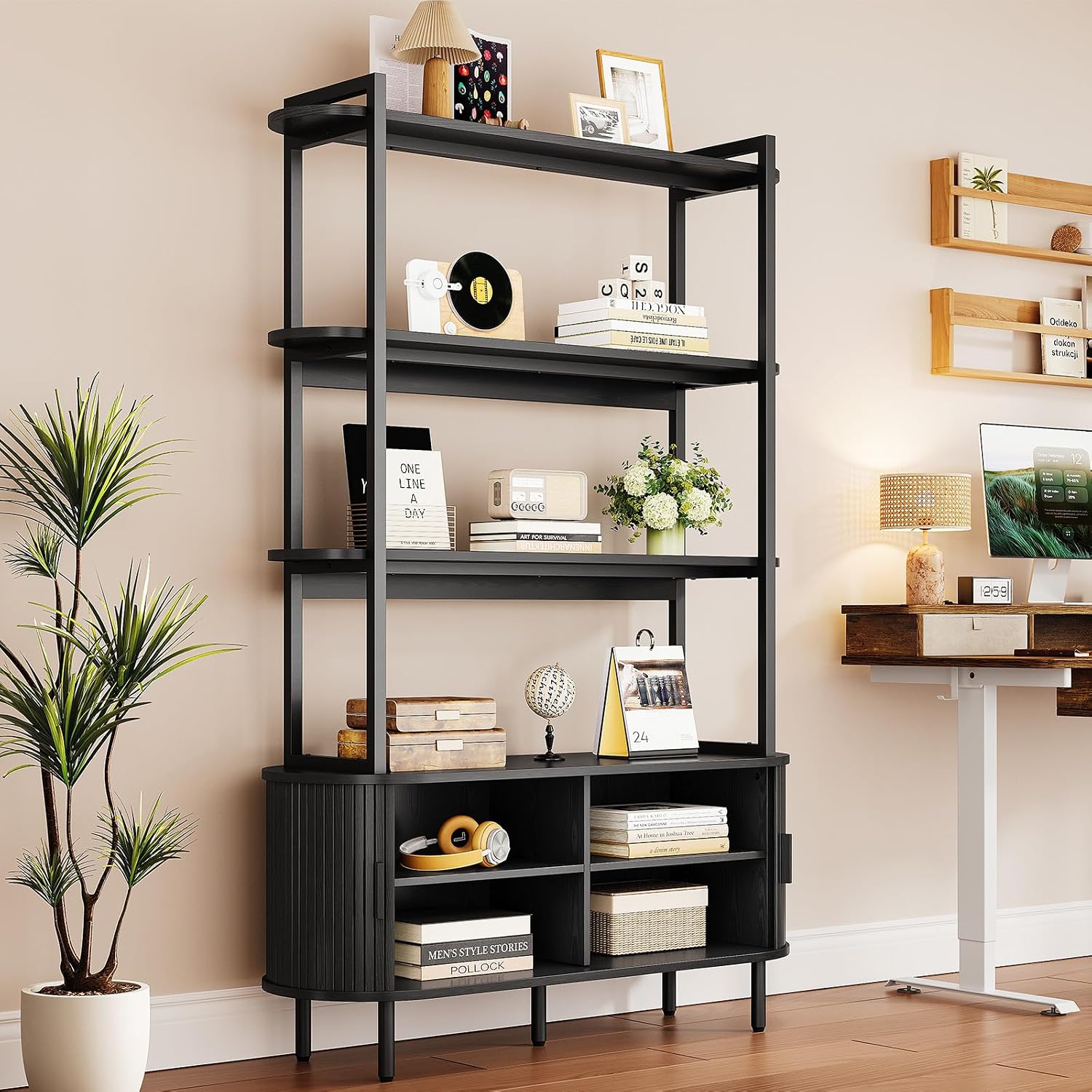5 Tier Bookshelf with Fluted Cabinet, Tall Bookcase with Sliding Door, Metal and Wood Display Shelf, Free Standing Storage Shelving Unit, Corner Storage Organizer for Living Room, Home Office, Black