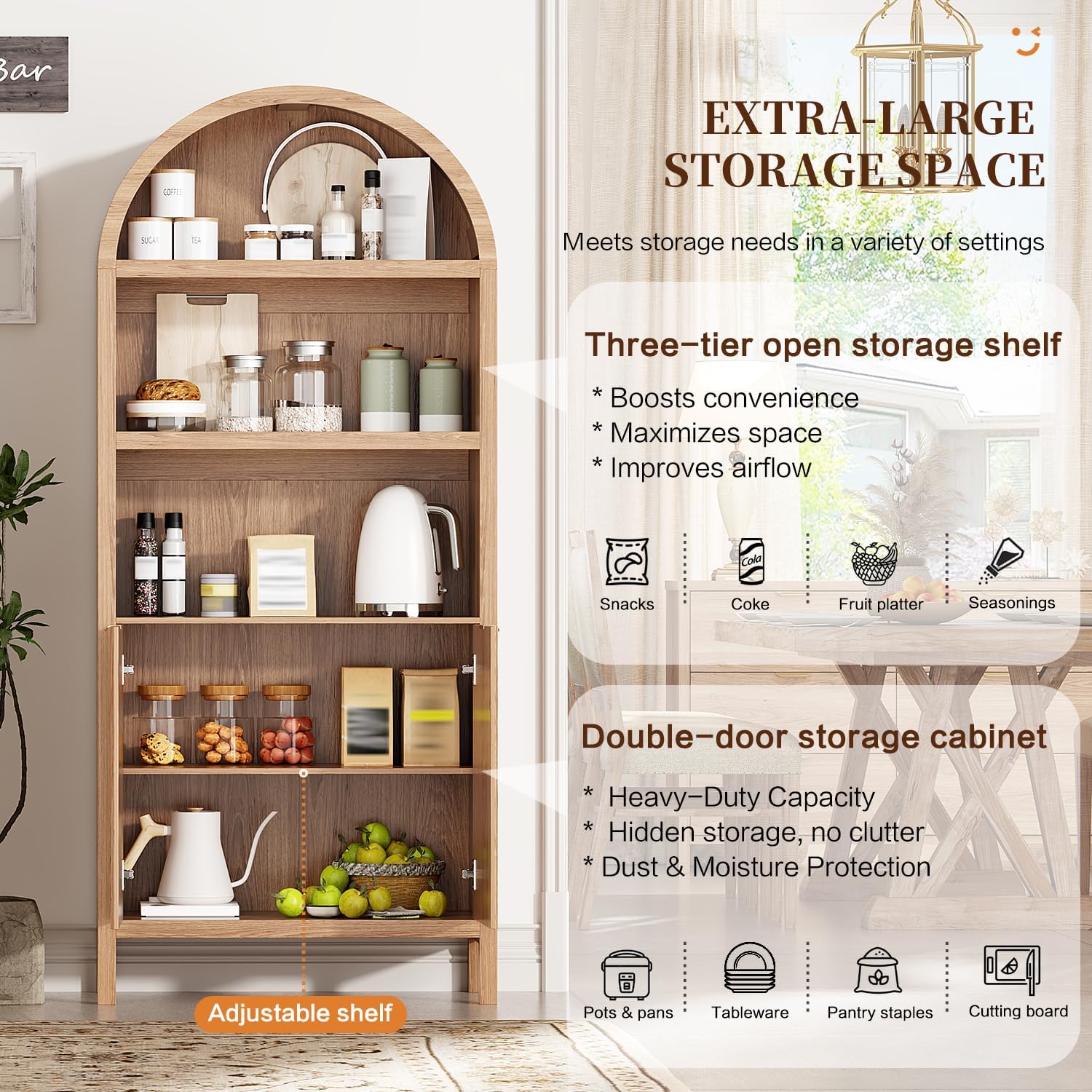 Ieejdn 71' Tall Arched Kitchen Pantry,Modern Fluted Wood Storage Cabinet with Doors,Adjustable Shelves,Organizer, Versatile Cupboard for Kitchen,Living Room,Dining Room,Bathroom,Wood