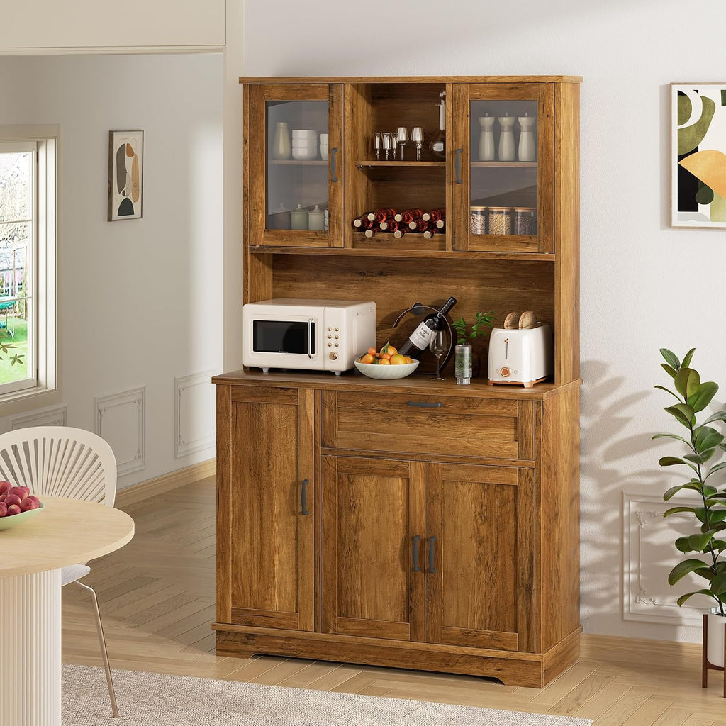 Shintenchi Kitchen Pantry Storage Cabinet, Freestanding Buffet Cabinet with Microwave Stand & 4 Door Shelves, Kitchen Hutch with Doors, Adjustable Shelves and Wine Rack, Brown