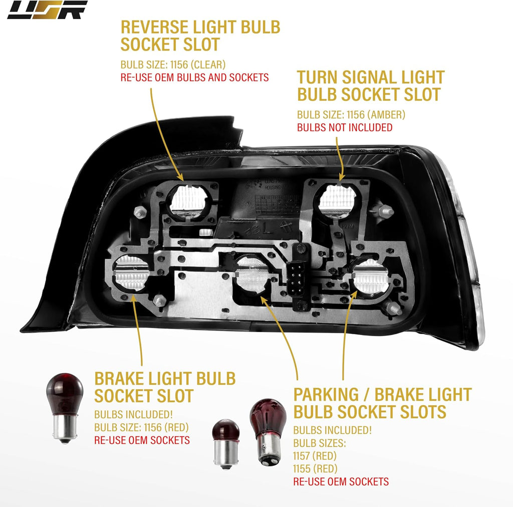 USR 92-99 E36 Coupe Tail Light – Rear Tail Lamps Set (Left + Right) Compatible with 1992-1999 BMW E36 3 Series 2 Door Coupe & Convertible 318/325/328/M3 (OE FROSTED ALL CLEAR LENS with BULBS)