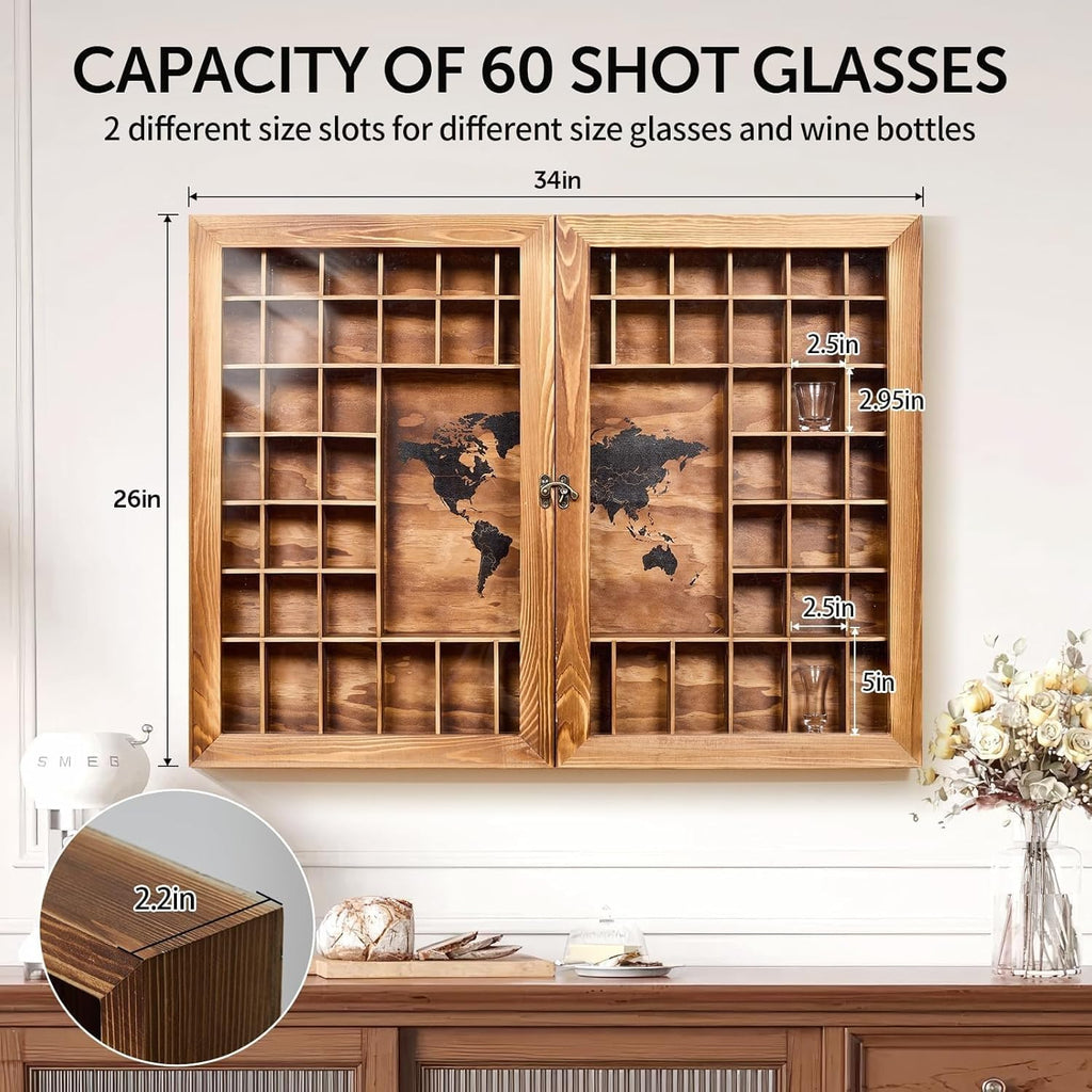 Large World Map Shot Glass Display Case 60 Slots with Acrylic Glass Door, 34 x 26''Rustic Brown Wood Holder for 2 Different Size Shot Glasses, Bars Wine Cellars Used for Jewelry Stones Shell