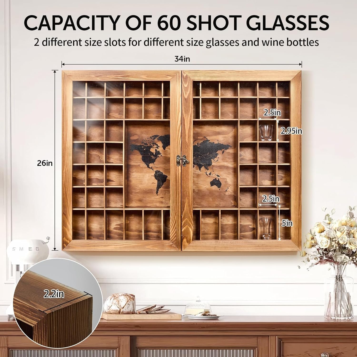 Large World Map Shot Glass Display Case 60 Slots with Acrylic Glass Door, 34 x 26''Rustic Brown Wood Holder for 2 Different Size Shot Glasses, Bars Wine Cellars Used for Jewelry Stones Shell
