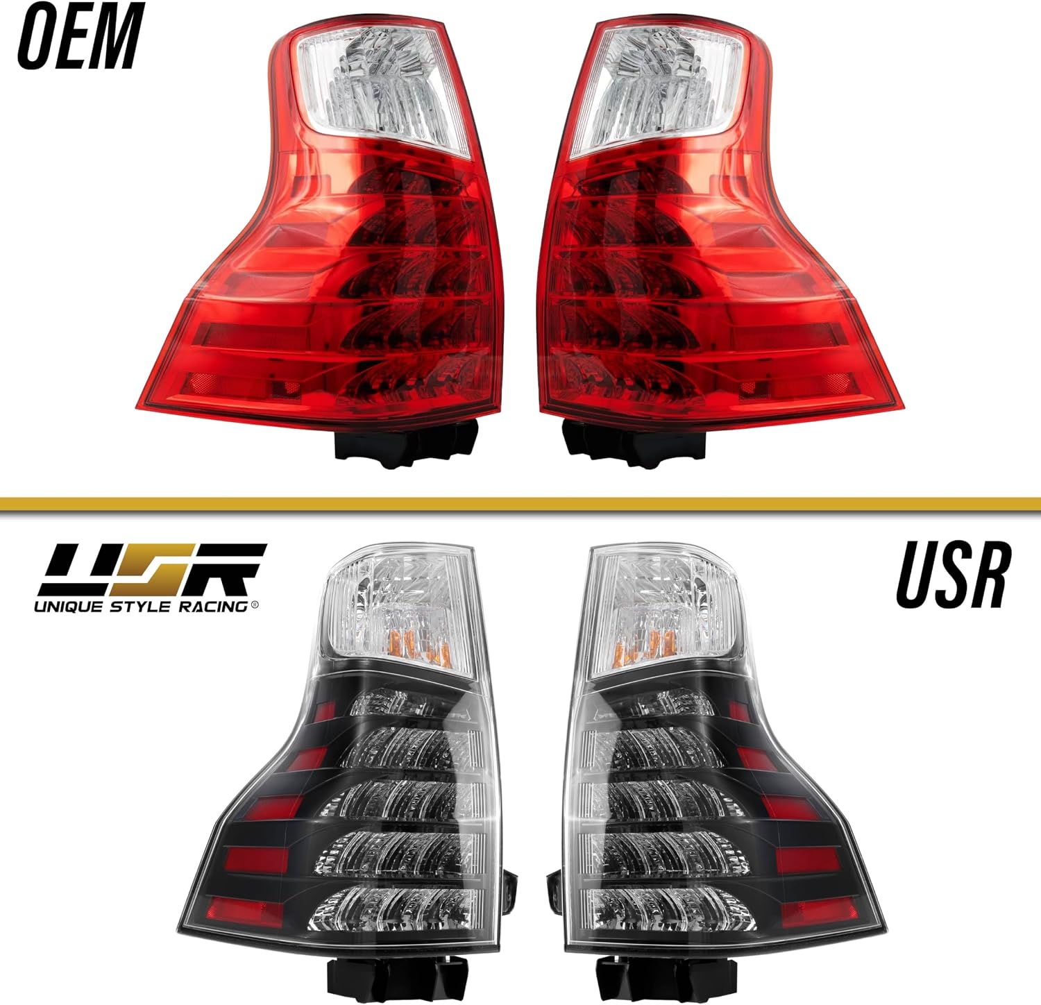 USR 10-23 9700 SUV Tail Light – with 4 LED Bulb Upgrade (Left + Right) Pair - Compatible with 2010-2023 Lexus GX460 All Models (OE F-SPORT STYLE BLACK HOUSING TAIL LIGHTS w/WIRE HARNESS & LED BULBS)