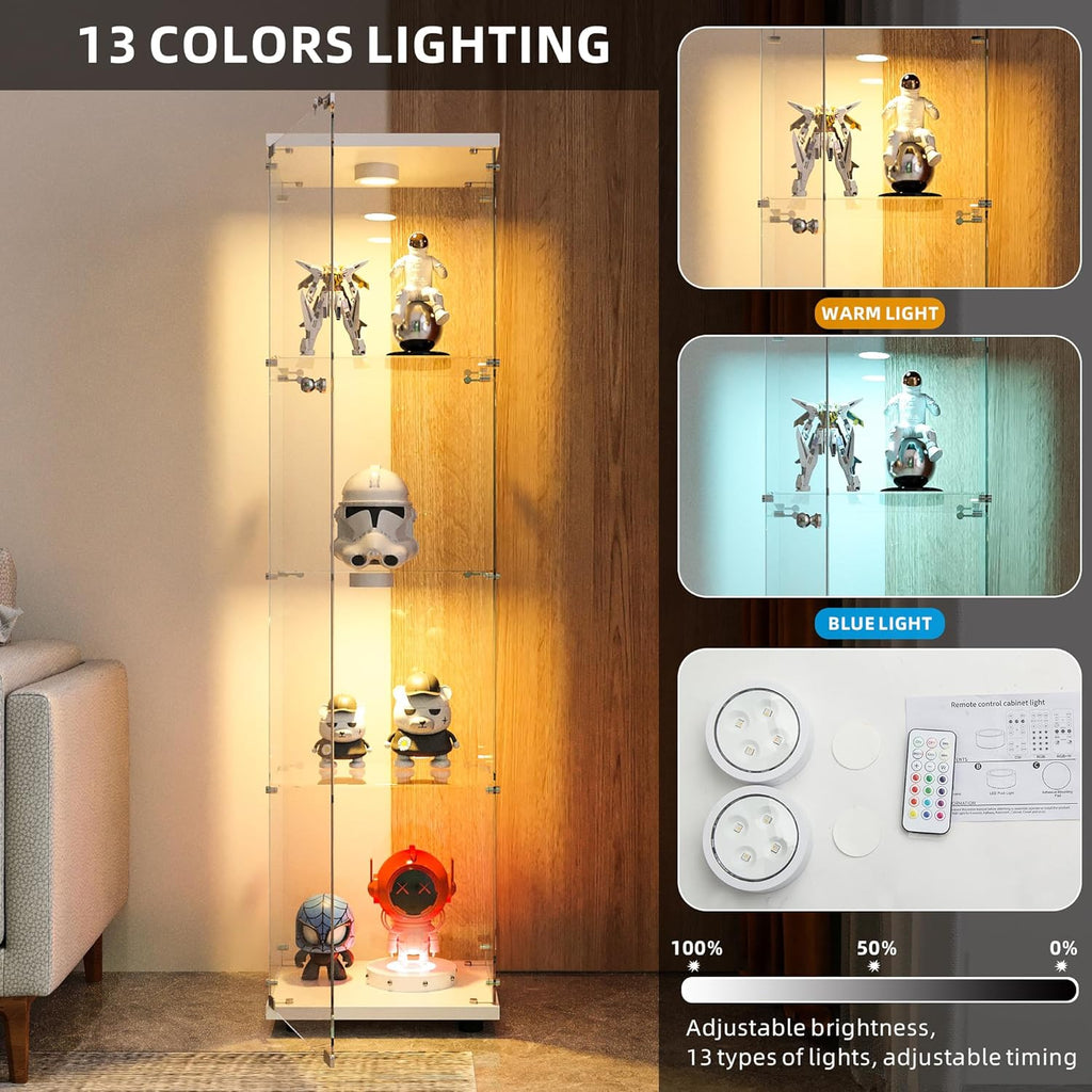 FANYUSHOW Display Cabinet with Glass Door and LED Light, 4-Tier Tempered Glass Display Shelf, Glass Curio Cabinet Collection Display Case, Display Case Cabinet, White 64.7' H x 16.7' L x 14.37' W