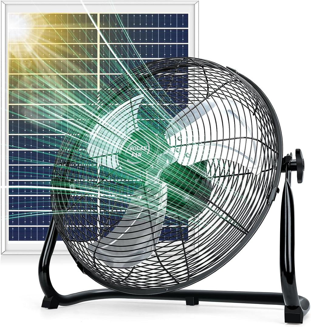 DBF 16' Solar Powered Fan Outdoor - Rechargeable 20000mAh Battery Cordless Floor Fan with 30W Solar Panel & AC Charging, High Velocity Metal Industrial Fans Portable for Outside Home Camping Patio