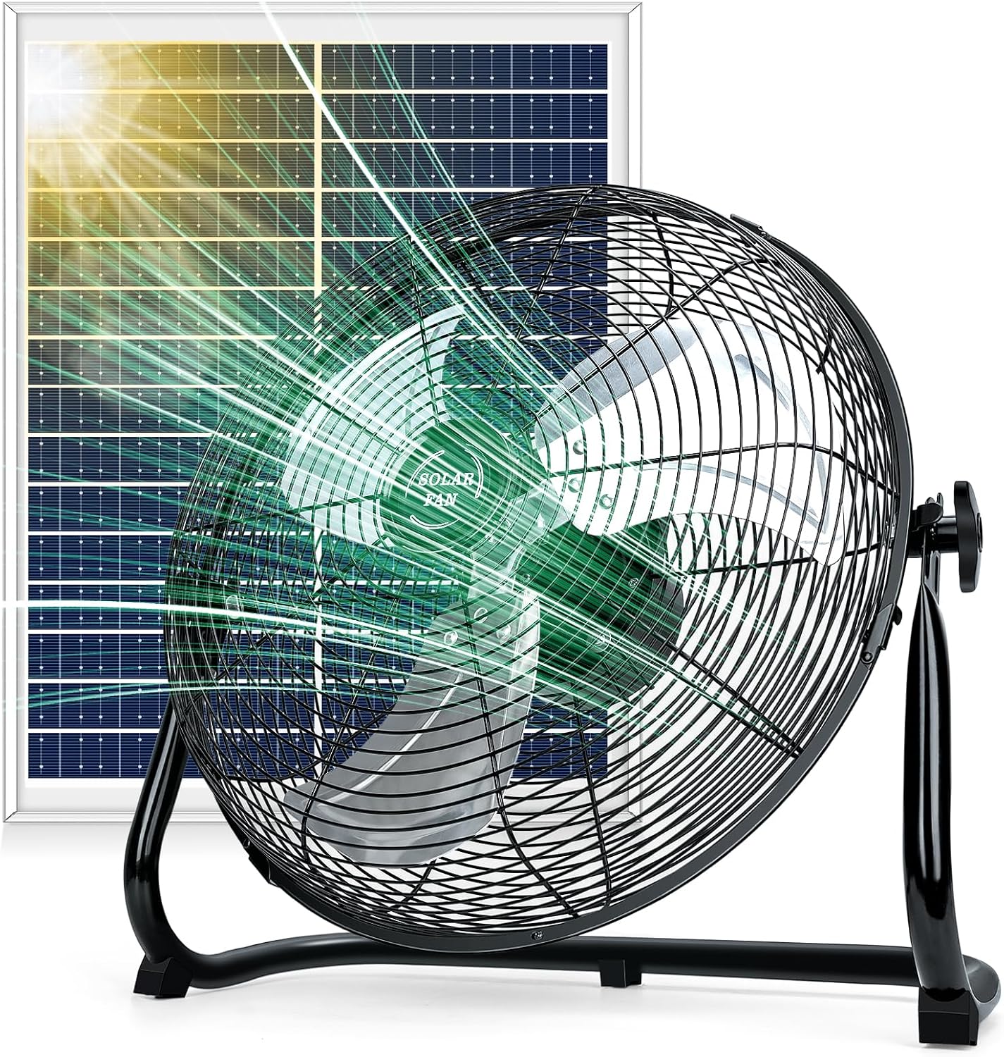 DBF 16' Solar Powered Fan Outdoor - Rechargeable 20000mAh Battery Cordless Floor Fan with 30W Solar Panel & AC Charging, High Velocity Metal Industrial Fans Portable for Outside Home Camping Patio