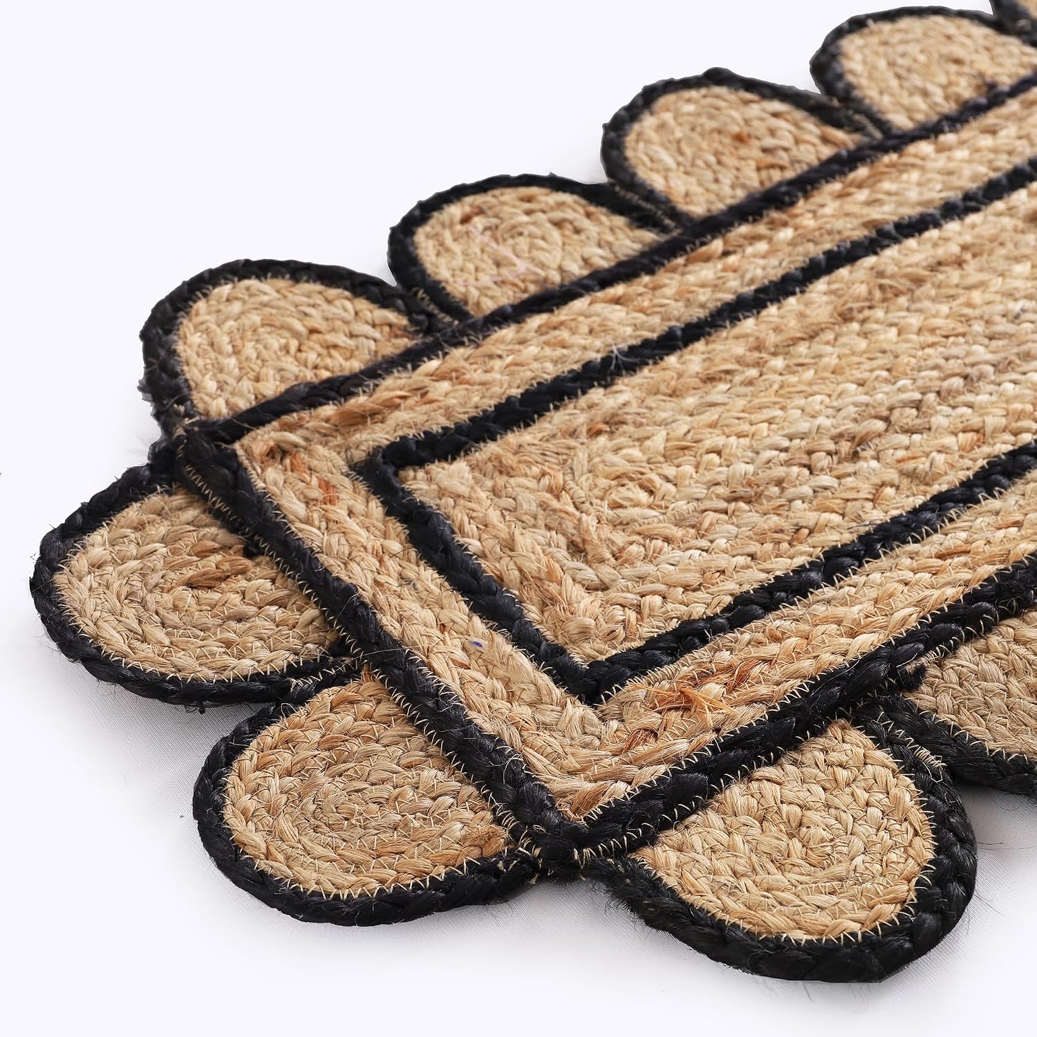 Pack of 2 Handmade Hand Braided Natural with Black Jute Scalloped Shape Eco-Friendly Table Runner-Runner for Dining Table Rug-13 x 120 Inch
